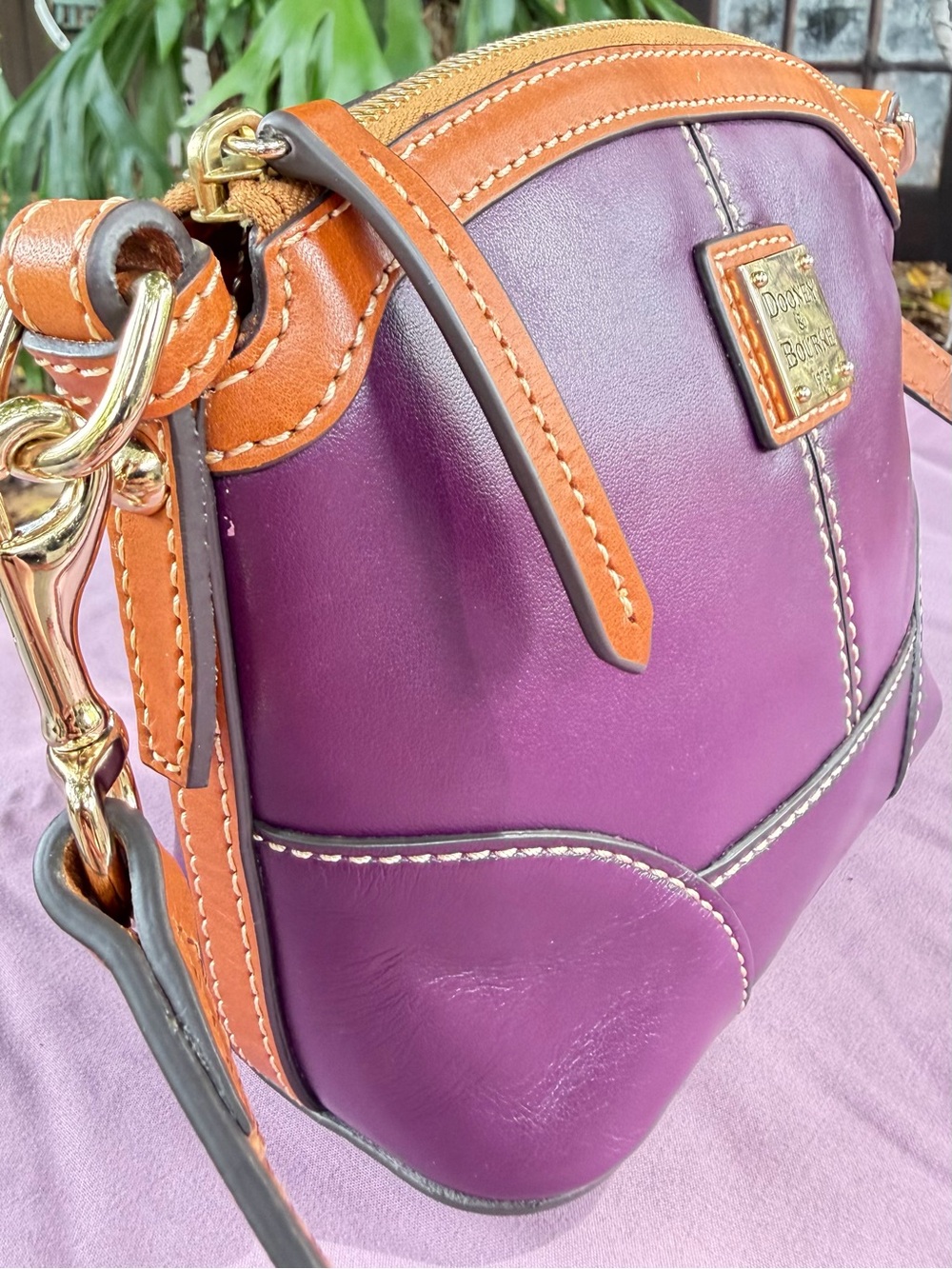 Dooney & Bourke Plum Leather Domed Crossbody with Vachetta Trim and Strap - Picture 4 of 12